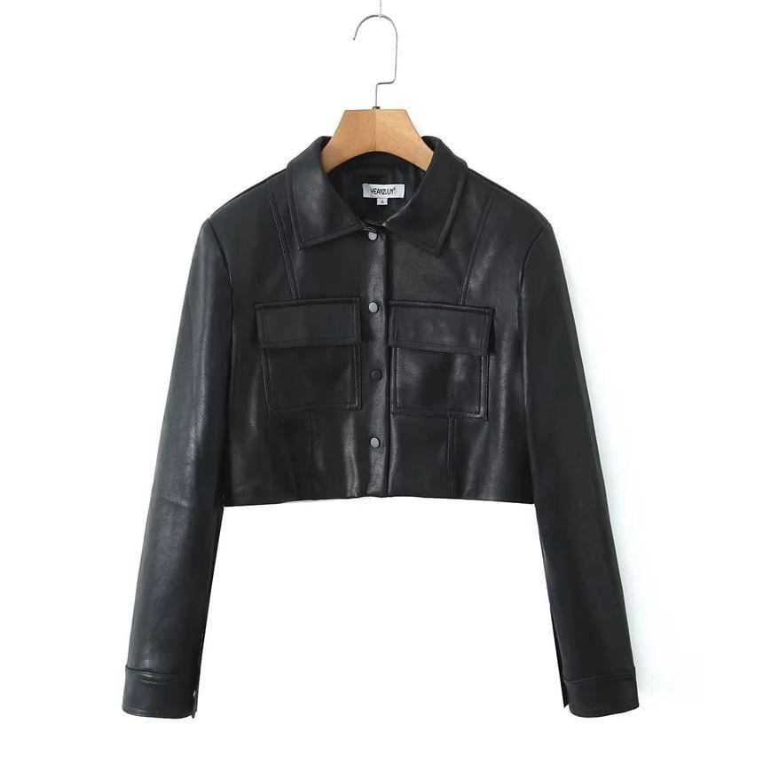 Collared Plain Faux Leather Crop Button Jacket / High Rise Pleated Mini A-Line Skirt Product Image