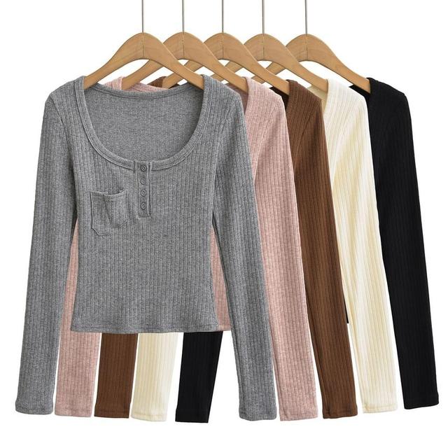 Long Sleeve Scoop Neck Plain Ribbed Cropped Top Product Image