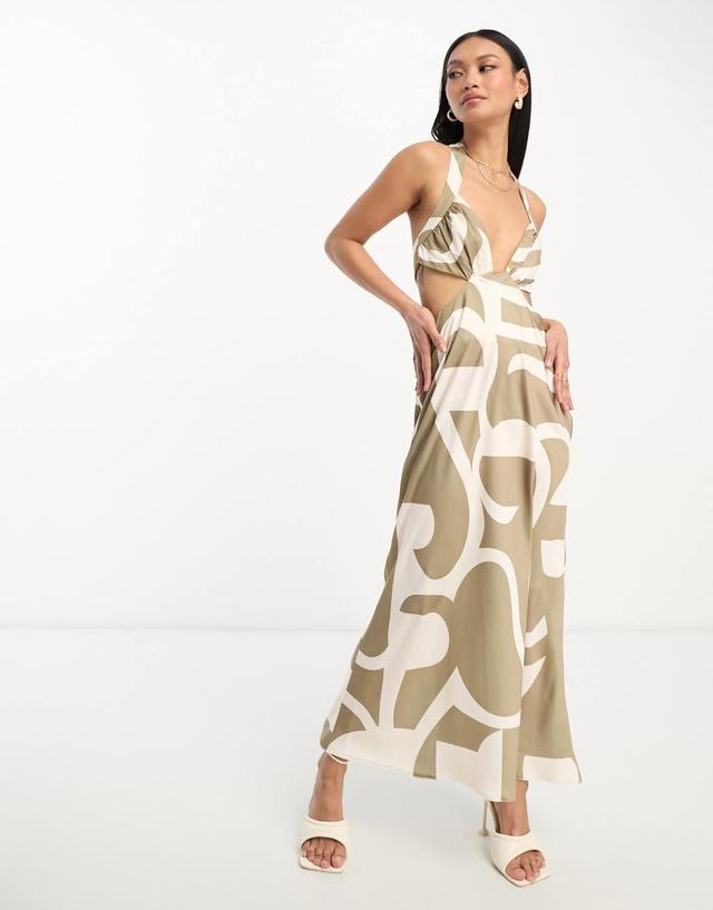 ASOS DESIGN satin halter plunge bust midi dress with cut out waist detail in brown geo print Product Image