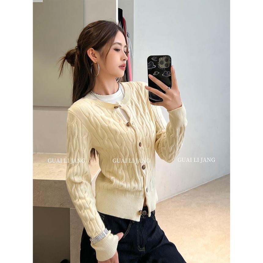 Round Neck Plain Cable Knit Cardigan Product Image