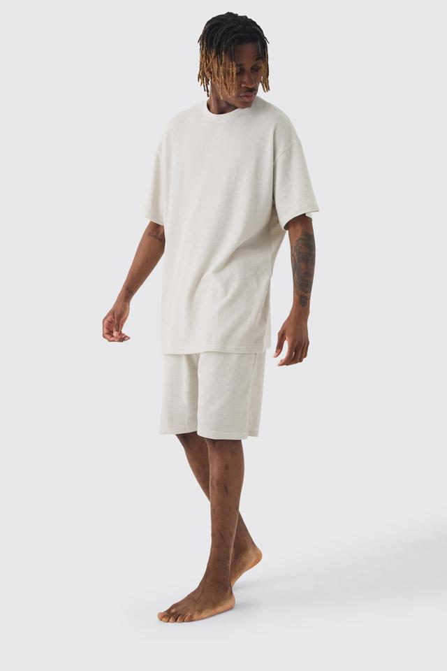 Tall Oversized Waffle Lounge Short Set In Grey | boohooMAN USA Product Image