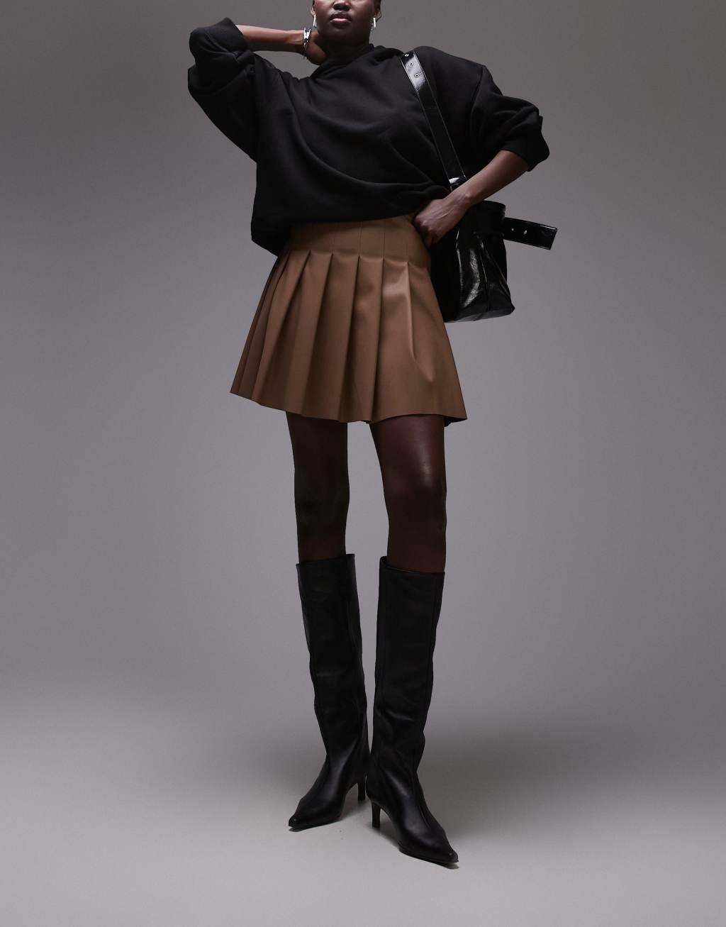 Topshop Tall faux leather clean pleat mini skirt in coffee Product Image