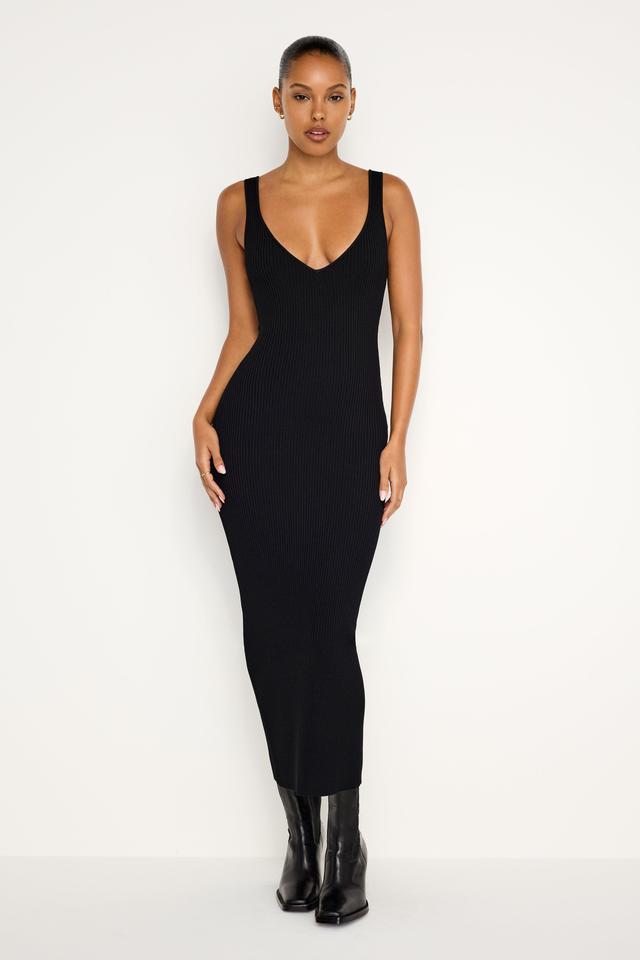 STRETCH RIB KNIT SLEEVELESS MIDI DRESS | BLACK001 Product Image