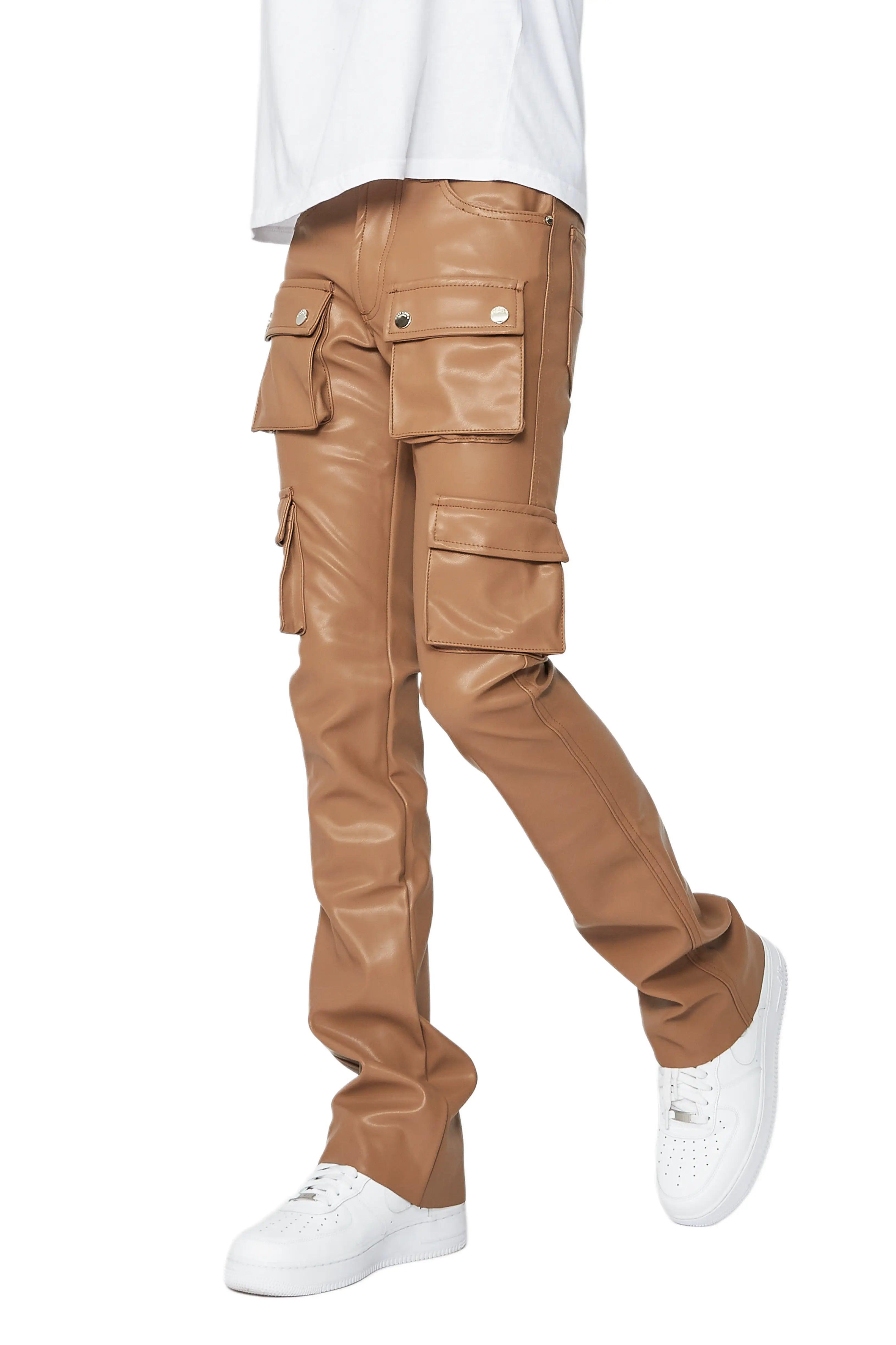 Khaza Tan Faux Leather Stacked Flare Jean Male Product Image