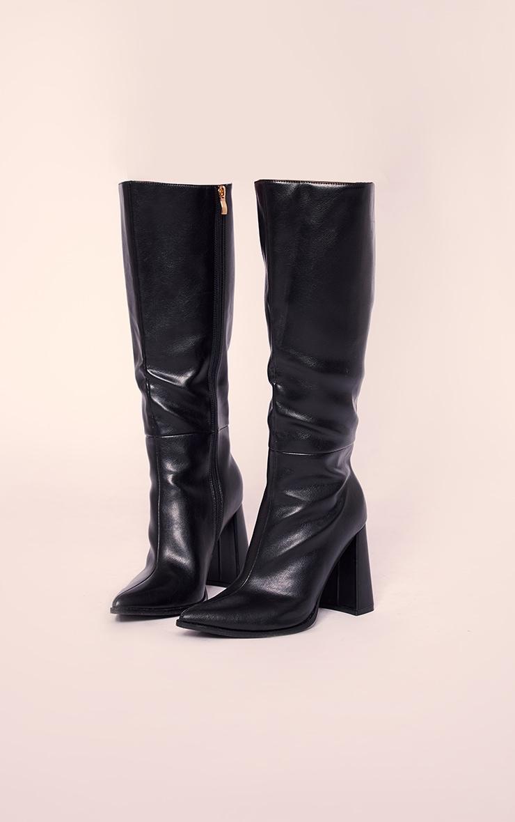 Black PU Point Toe Knee High Block Heeled Boots Product Image