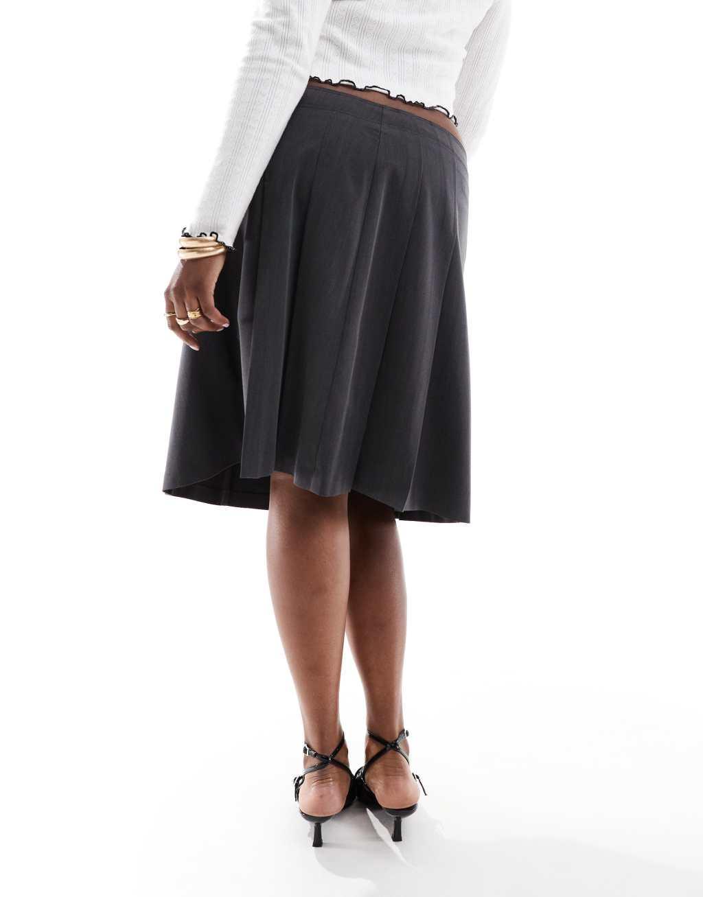 ASOS DESIGN Curve knee length tailored pleated midi skirt in gray Product Image