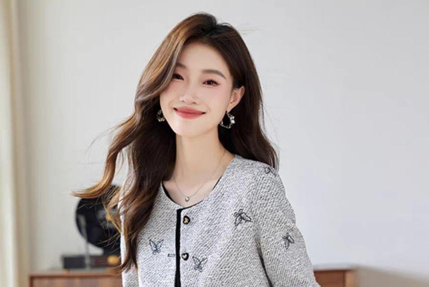 Set: Round Neck Butterfly Buttoned Jacket + High Waist Mini A-Line Skirt Product Image