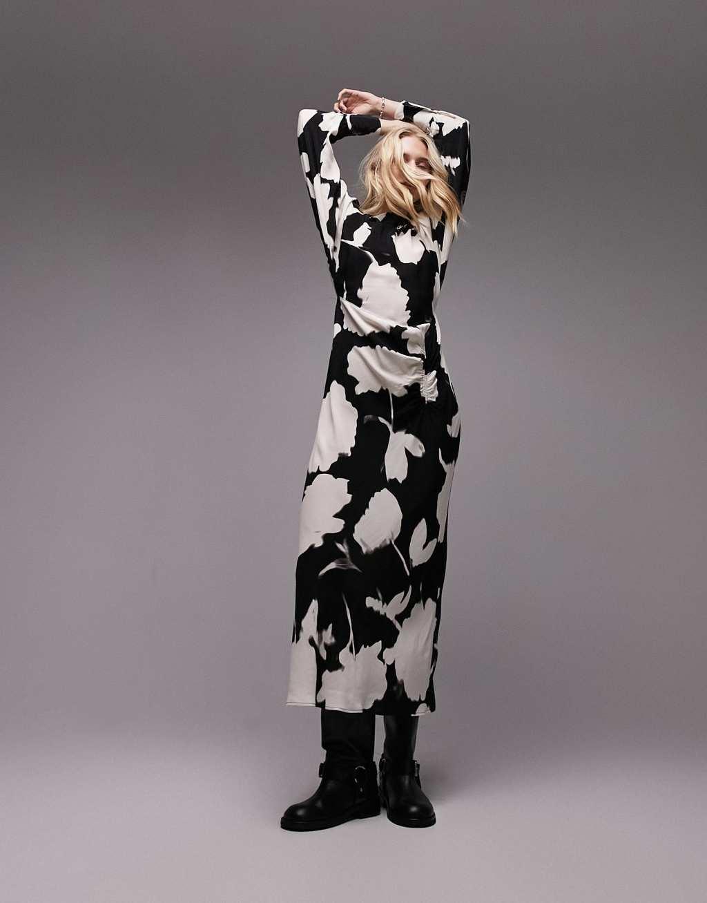 Topshop ruched front long sleeve printed midi dress Product Image