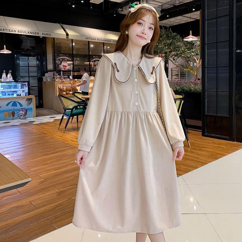 Maternity Long-Sleeve Collar Bow Embroidered Midi Smock Dress Product Image