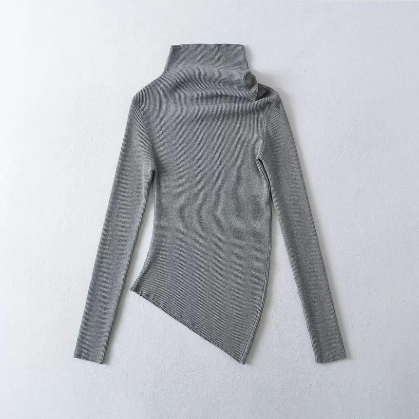 Long-Sleeve Turtleneck Asymmetrical Plain Knit Top Product Image