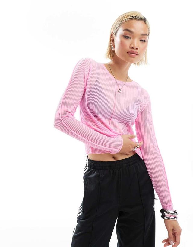 ONLY long sleeve lettuce hem sheer top in pink Product Image