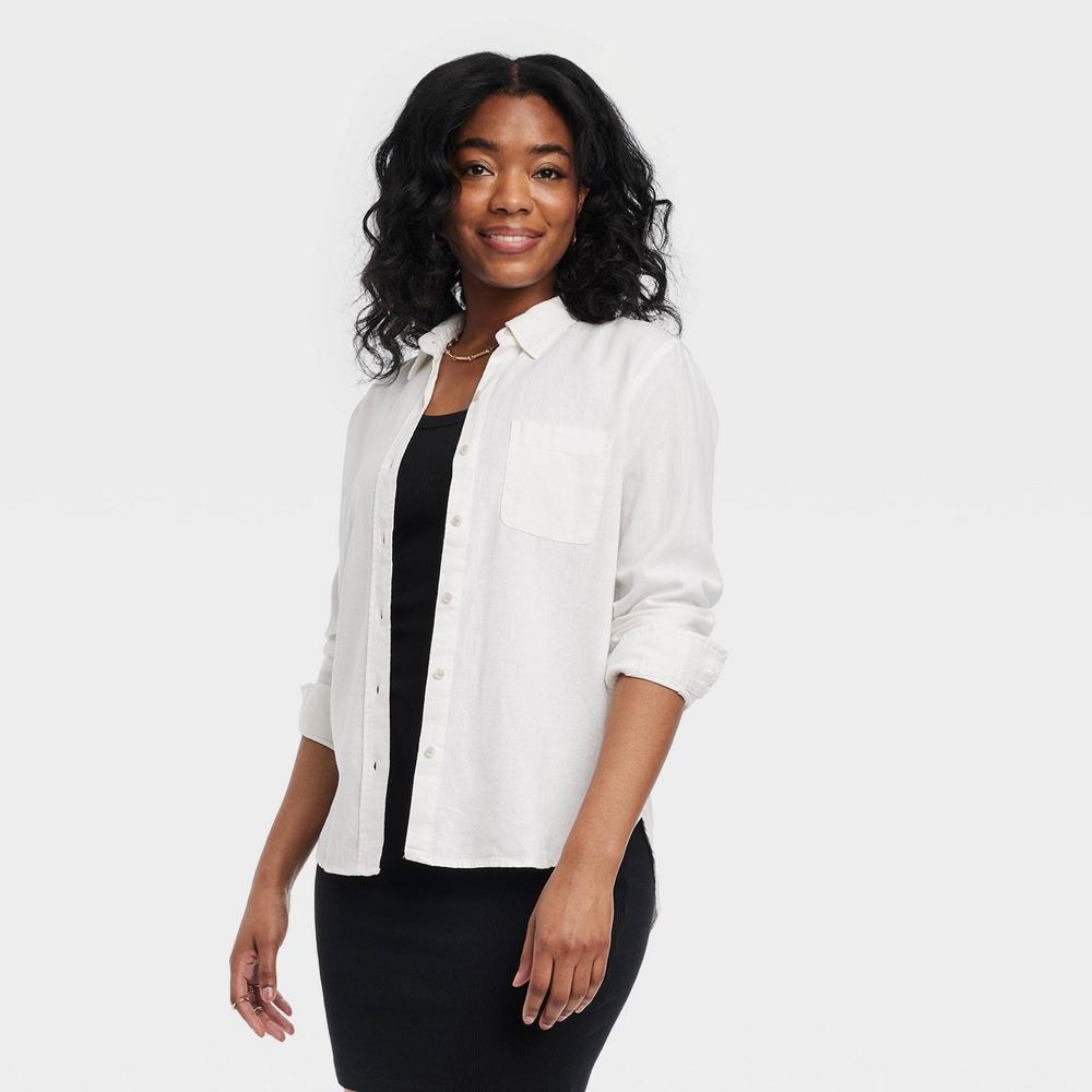 Womens Linen Long Sleeve Collared Button-Down Shirt - Universal Thread White M Product Image