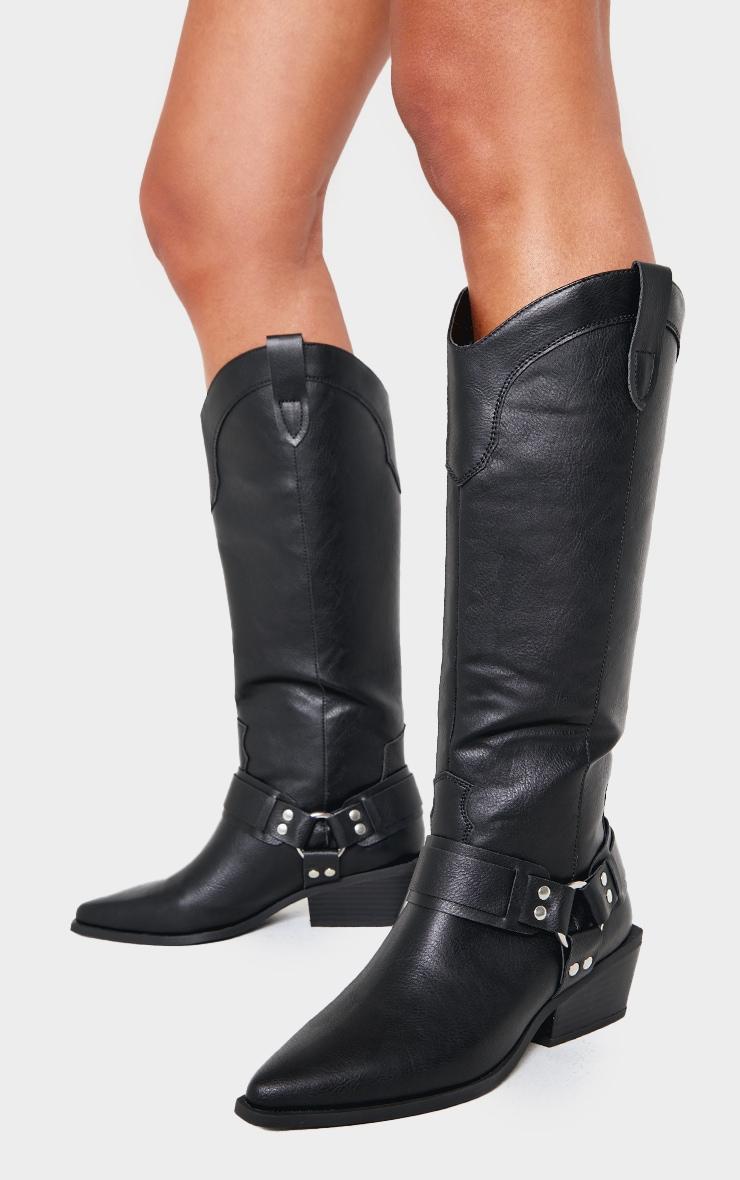 Black Burnished PU Point Toe Buckle Harness Detail Knee High Western Boots Product Image