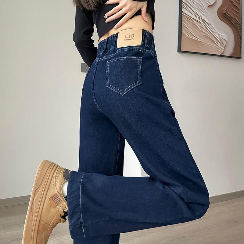 Elastic Waist Washed Fleece-Lined Loose Fit Jeans Product Image