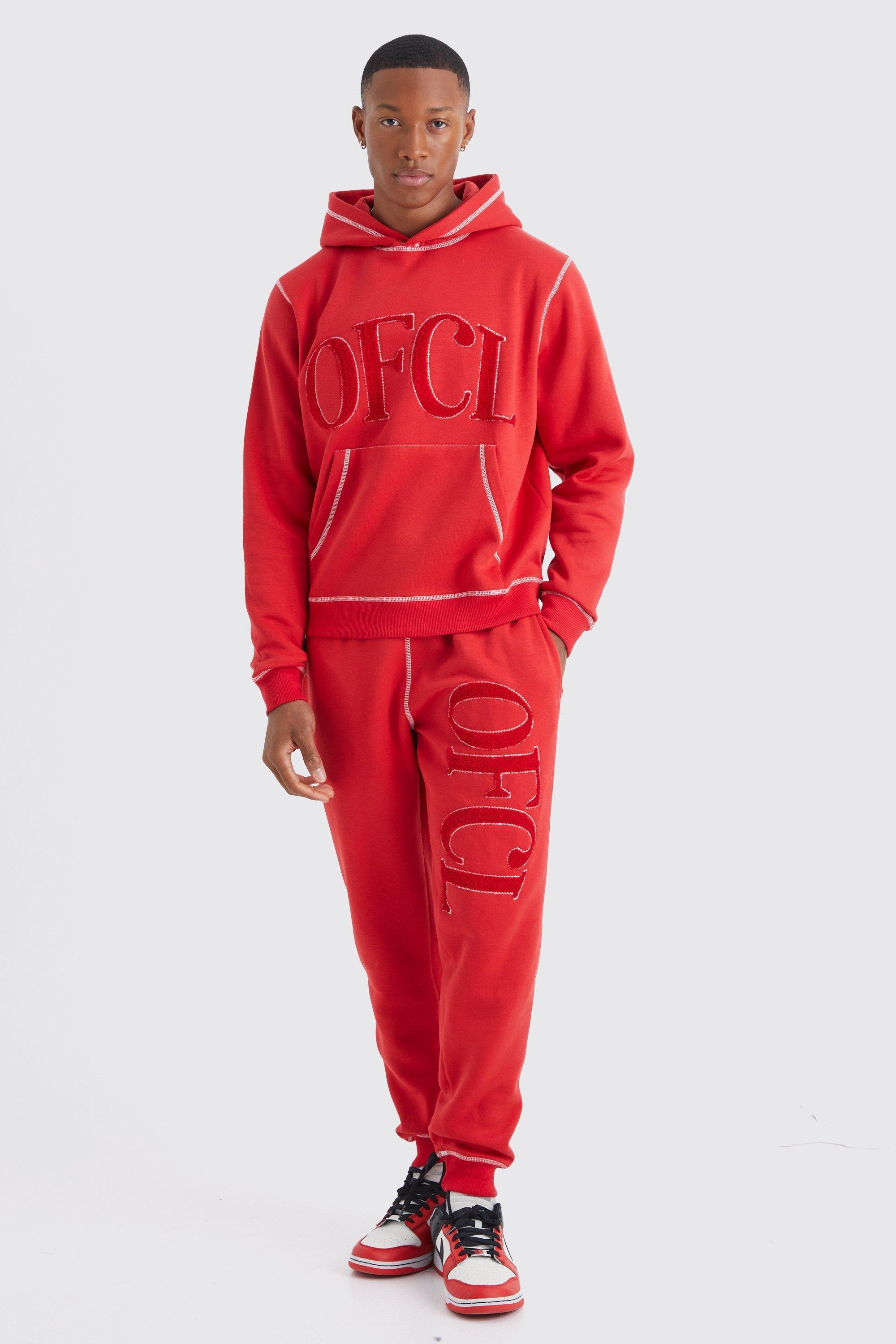 Regular Contrast Stitch Borg Applique Tracksuit | boohooMAN USA Product Image