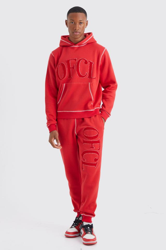 Regular Contrast Stitch Borg Applique Tracksuit | boohooMAN USA Product Image