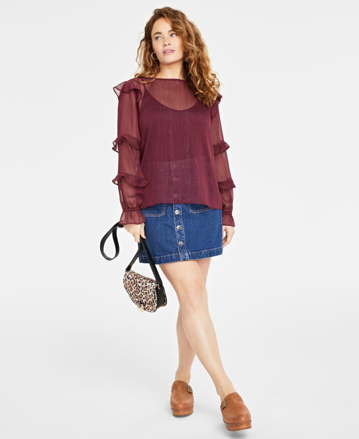 On 34th Womens Sheer Ruffle-Trim Top, Created for Macys Product Image