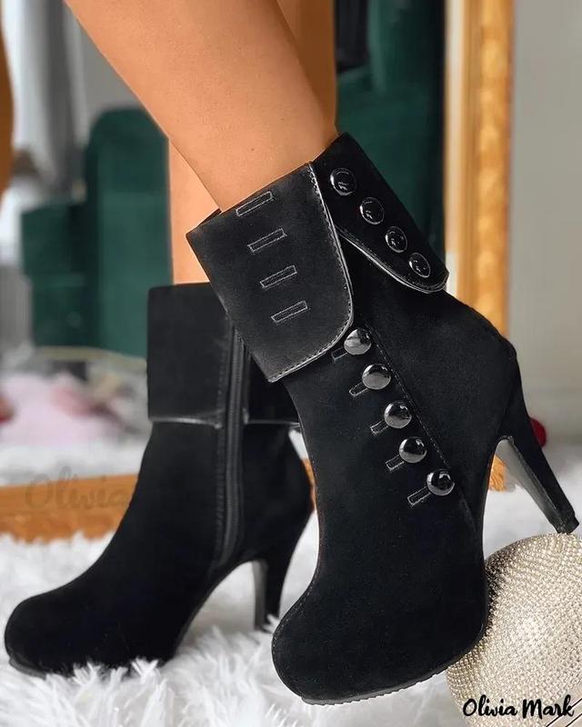 Olivia Mark – Suede Heeled Boots with Buttoned Size Zipper Closure Product Image