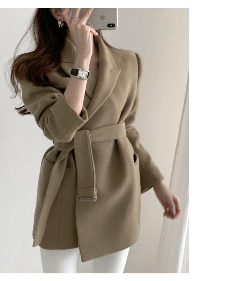 Peak Lapel Plain Belted Coat Product Image