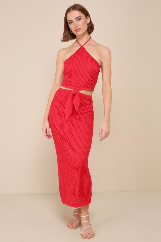 Sunny Serenity Bright Red Crochet Cutout Halter Midi Dress Product Image