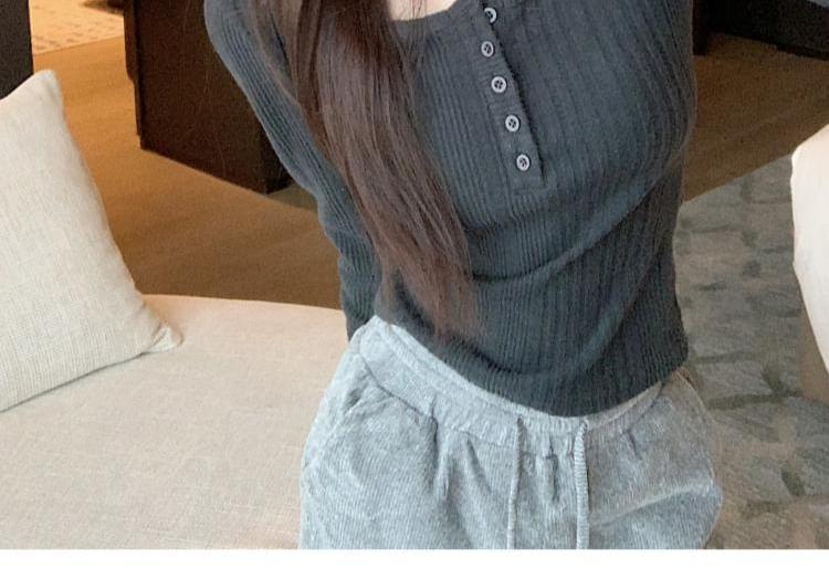 Long-Sleeve Henley Melange Ribbed Knit Top Product Image