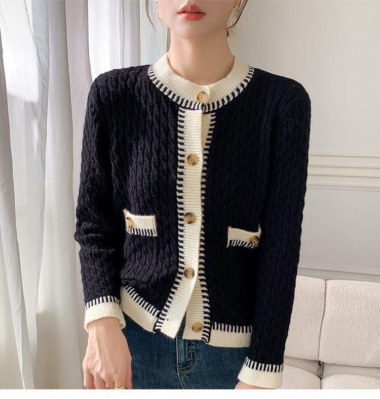 Crew Neck Contrast Trim Cable Knit Button-Up Cardigan Product Image