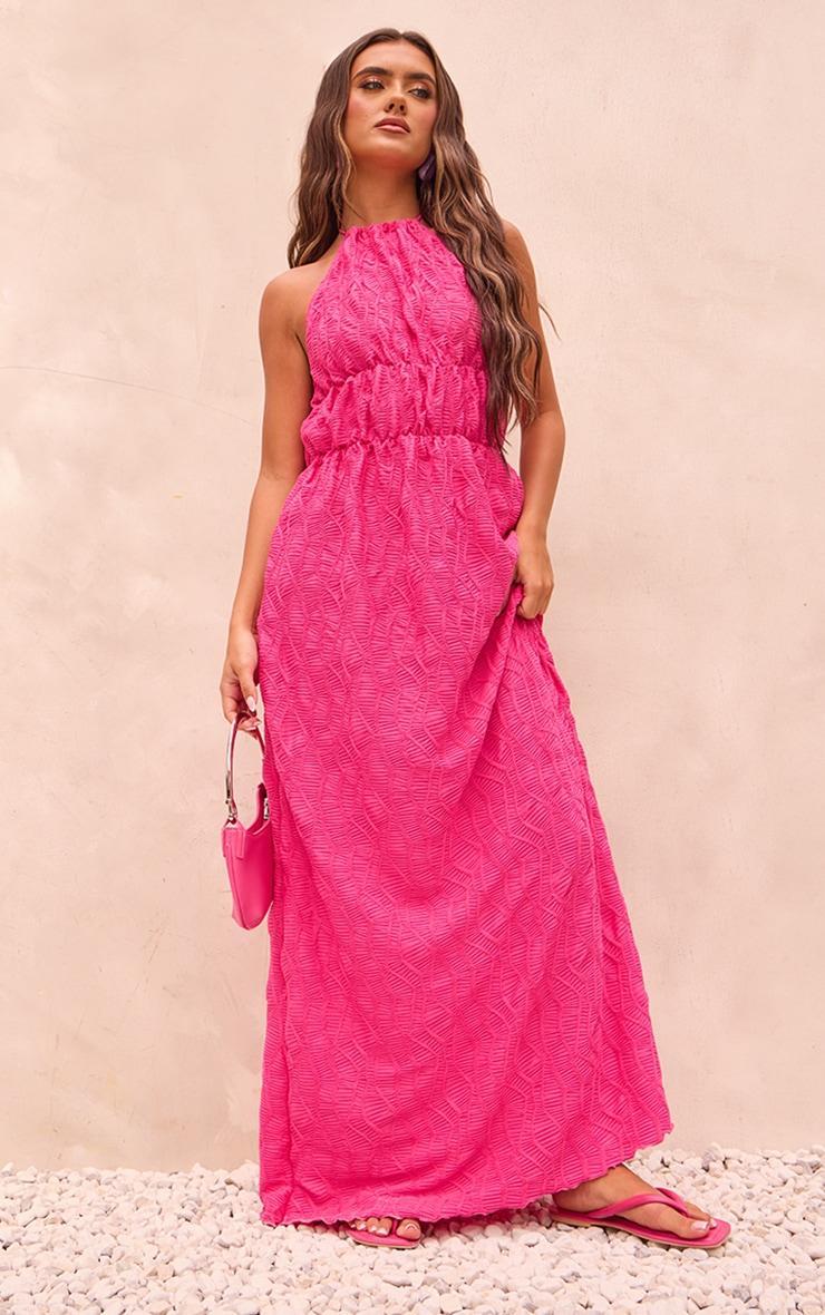 Fuchsia Textured Tiered Halterneck Maxi Dress Product Image