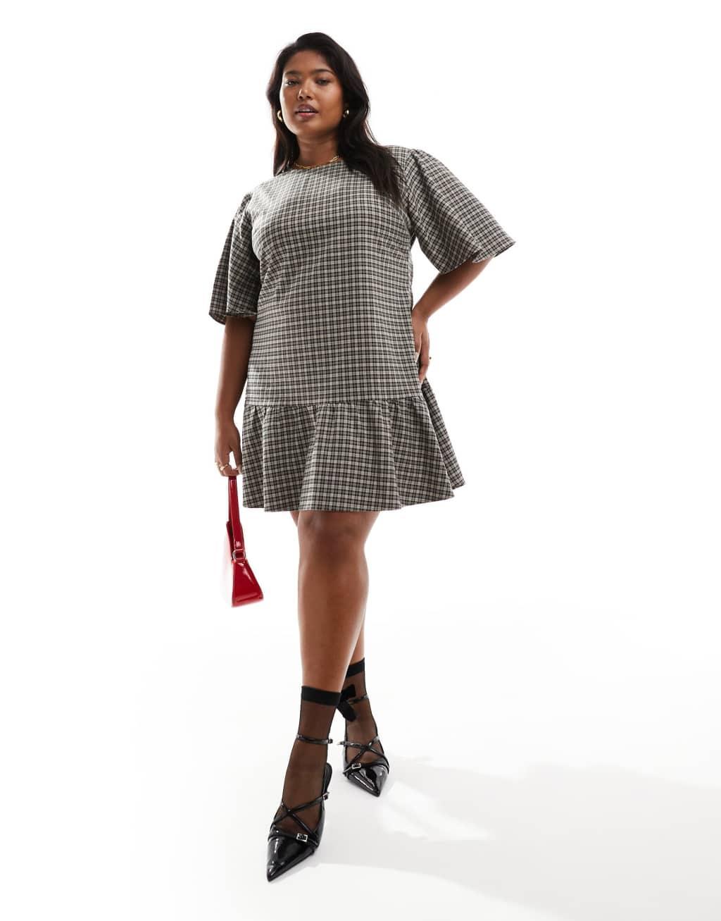 Renee Studio x Holly Wynne exclusive dropped hem puff sleeve mini dress in brown check Product Image