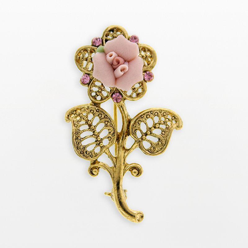 2028 Gold-Tone Pink Crystal and Porcelain Rose Brooch Product Image