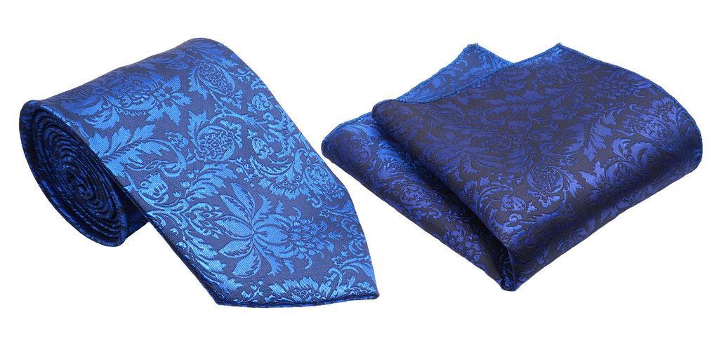 Azure Blue Jacobean Pattern Men's Classic Tie and Pocket Square Set Product Image