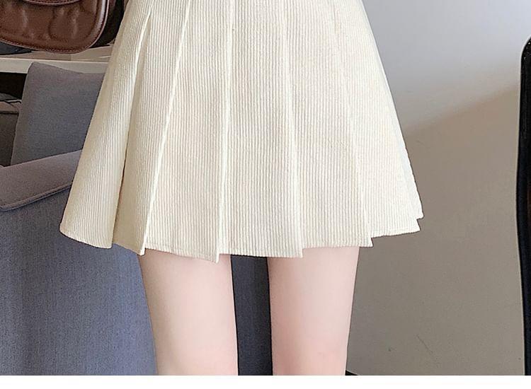 High Waist Plain Pleated Corduroy Mini A-Line Skirt Product Image