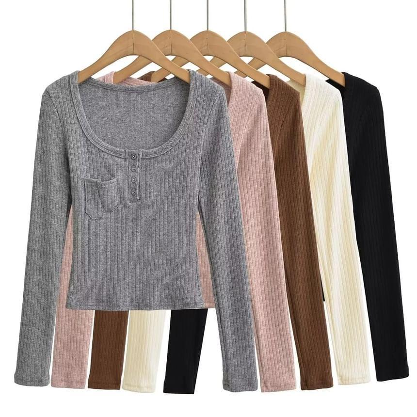 Long Sleeve Scoop Neck Henley Plain Ribbed Cropped Top Product Image