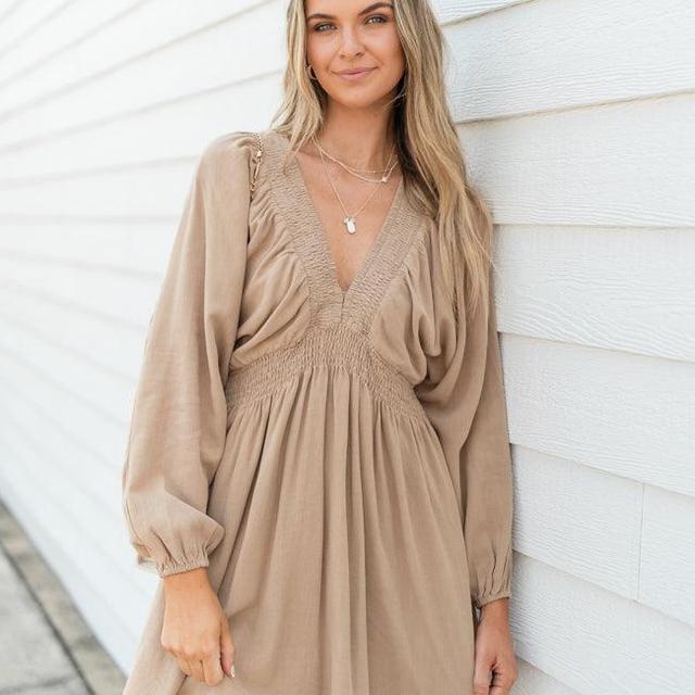 My Only Choice Taupe Deep V Babydoll Mini Dress Product Image