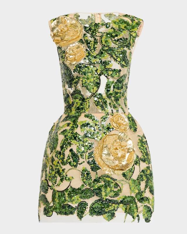 English Roses And Leaves Sequin Sleeveless Mini Dress Product Image