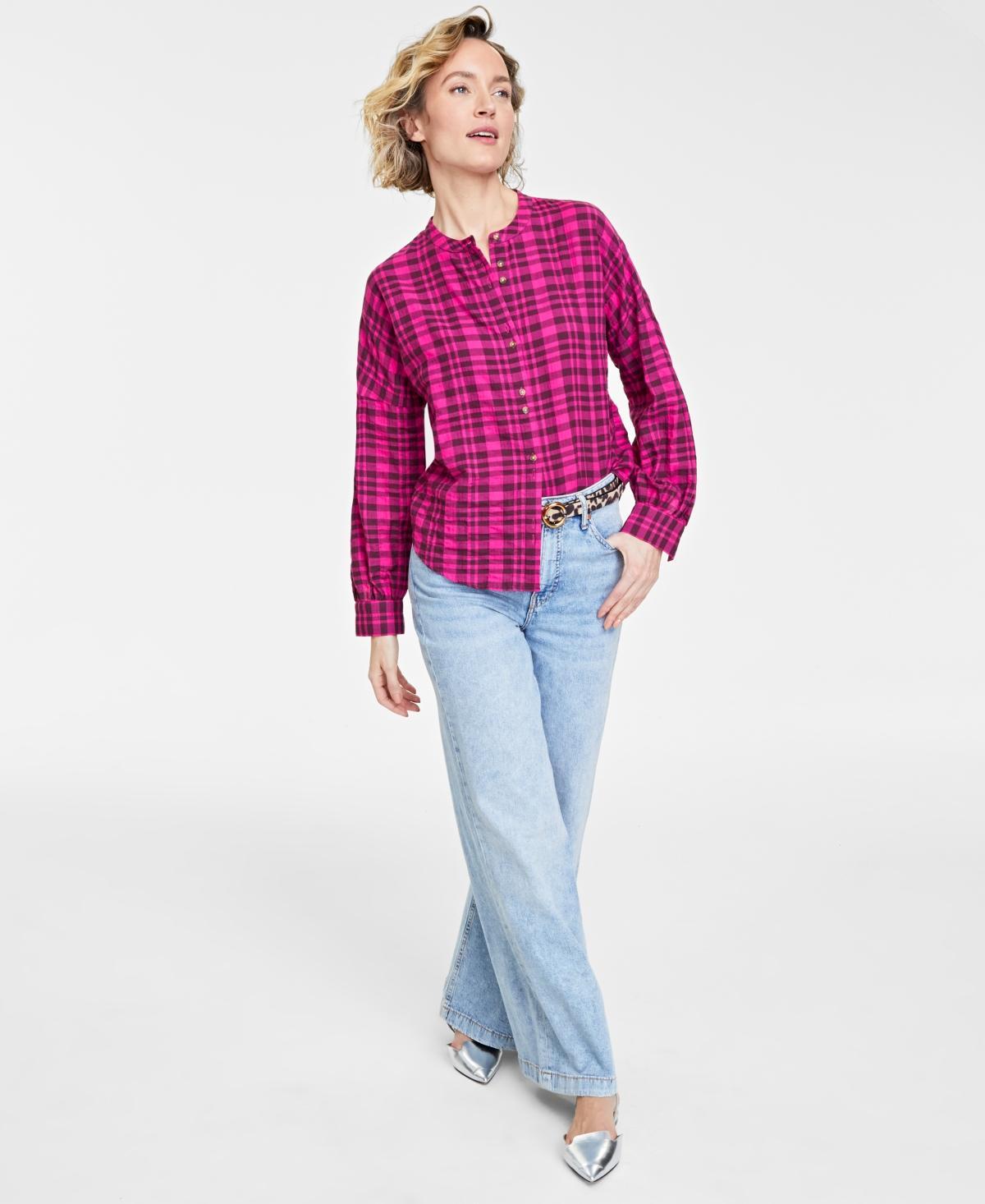 On 34th Womens Plaid Pleated-Sleeve Shirt, Created for Macys Product Image