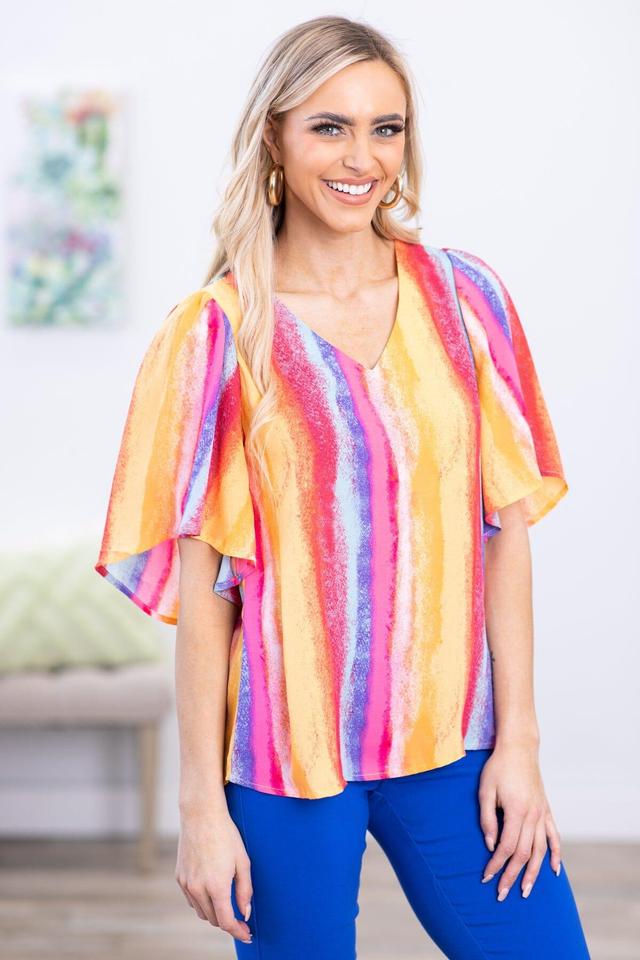 Red and Yellow Multicolor Vertical Stripe Top Product Image