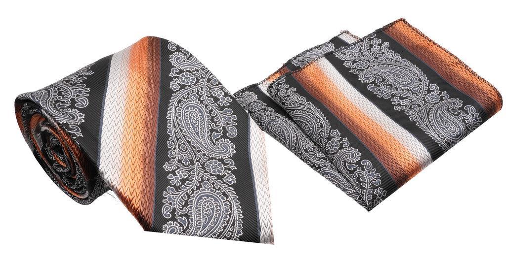 Black Copper Gradient with Diagonal Stripe Paisley Pattern Men's Classic Tie and Pocket Square Set Product Image