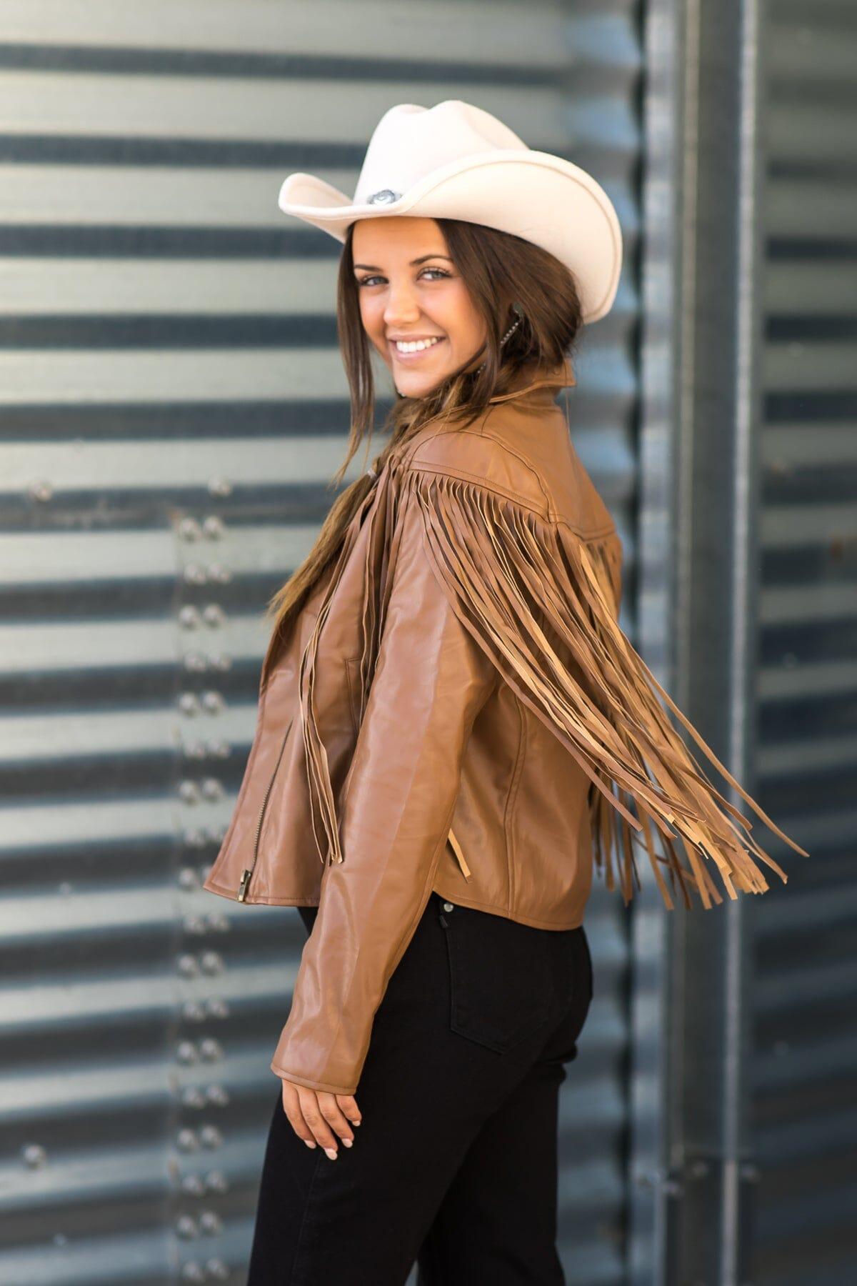 Mocha Faux Leather Jacket With Fringe Product Image