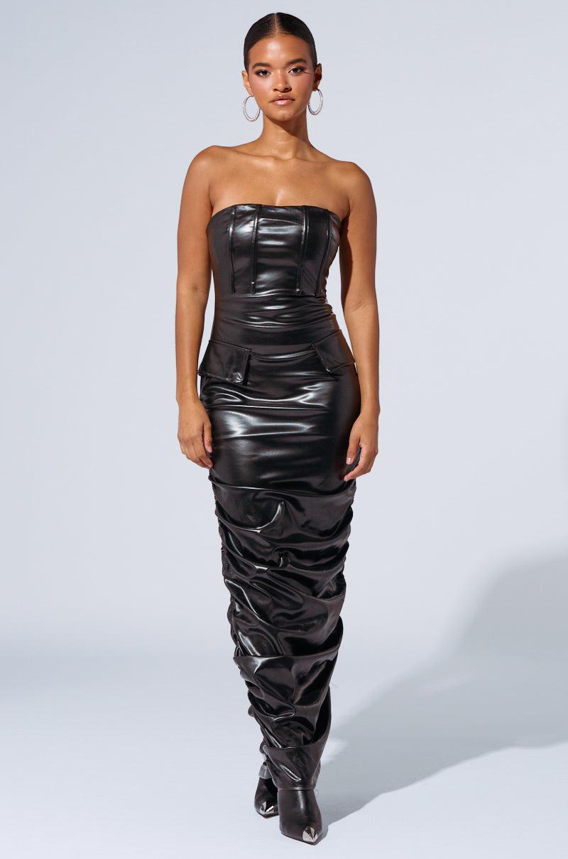 ASH STRAPLESS CARGO MAXI DRESS IN BLACK PU Product Image