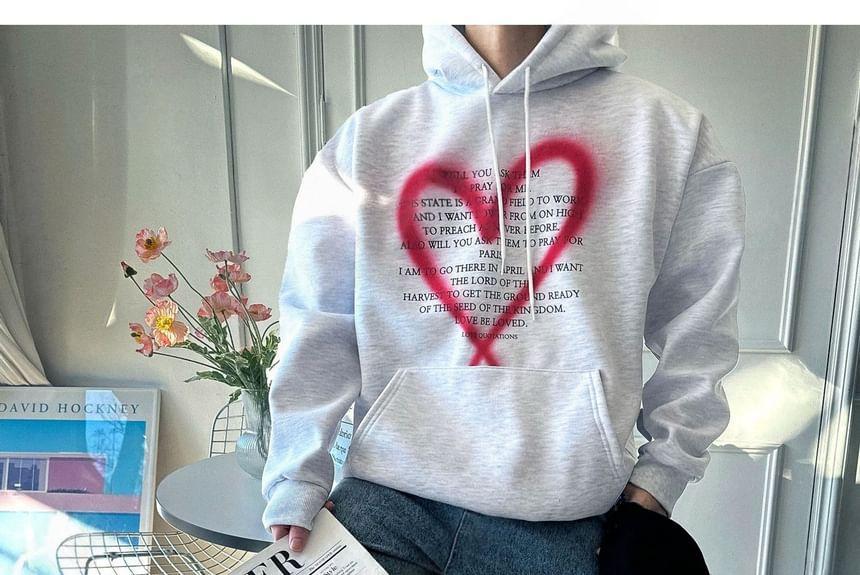 Heart Print Lettering Loose-Fit Hoodie Product Image