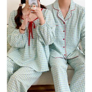 Couple Matching Long Sleeve Square Neck Plaid Bow Pajama Blouse / Collared Shirt / Straight Leg Pants / Pajama Dress / Set (Various Designs) Product Image