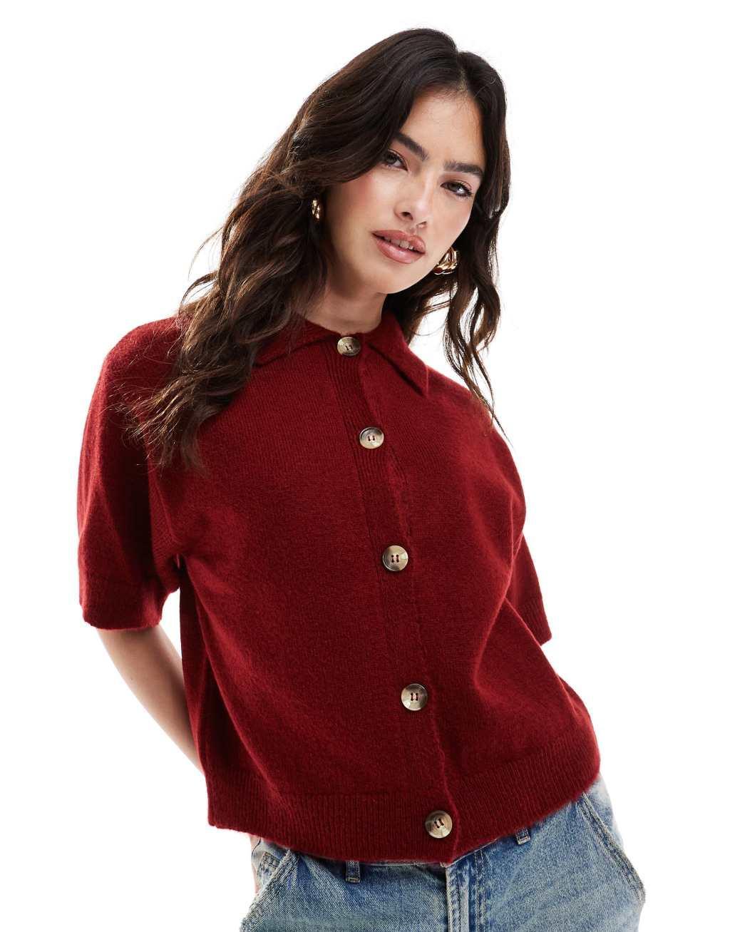 ASOS DESIGN knit shirt collar short sleeve cardigan in burgundy Product Image