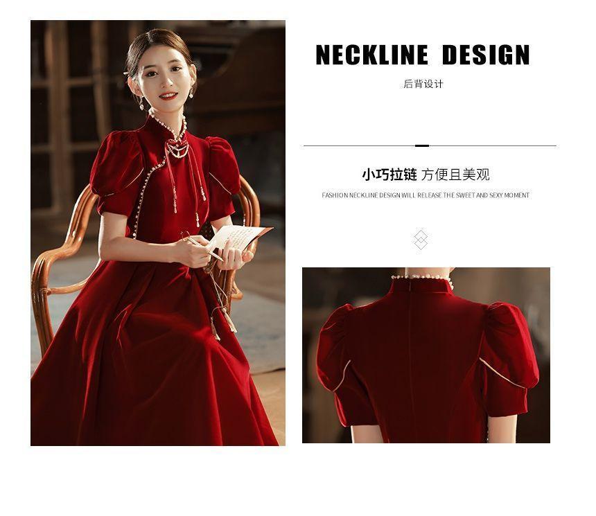 Mandarin Collar Faux Pearl Velvet A-Line Evening Gown / Midi Cocktail Dress Product Image