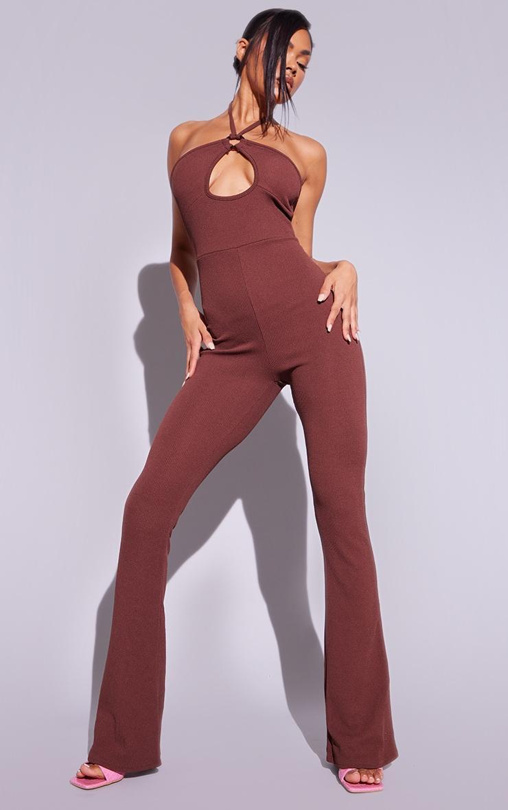 Chocolate Rib Ring Detail Cut Out Halterneck Jumpsuit Product Image