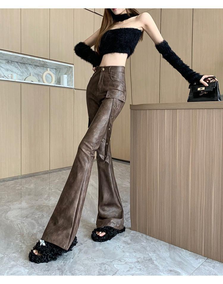 High Rise Faux Leather Flared Pants Product Image