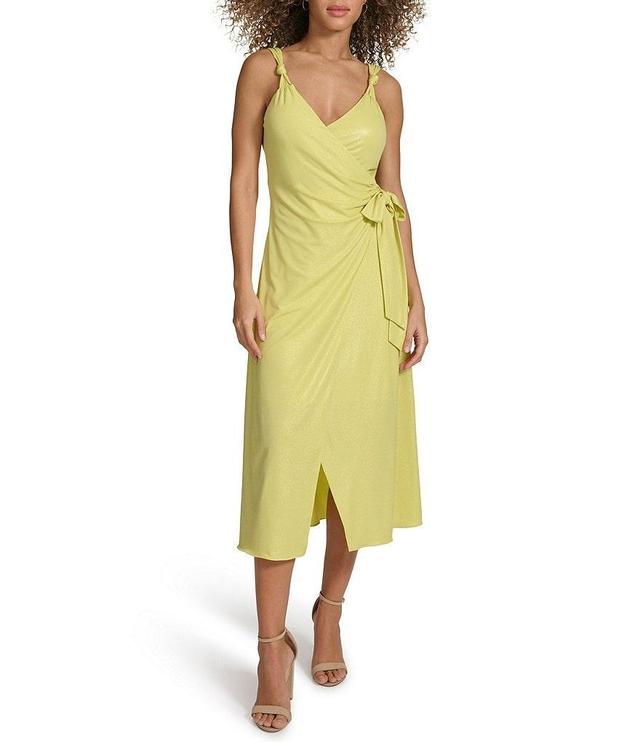 SIENA Surplice V-Neck Sleeveless Knot Straps Faux Wrap Midi Dress Product Image