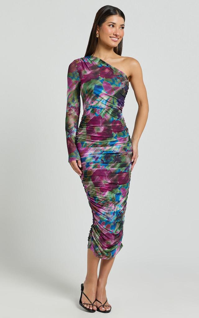 Pepper Midi Dress - One Shoulder Ruched Mesh Dress in Ethereal Iris Print Product Image