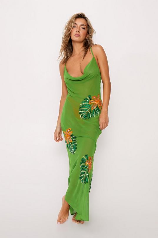 Tropical Palm Embellished Cowl Maxi Cover Up Dress Product Image