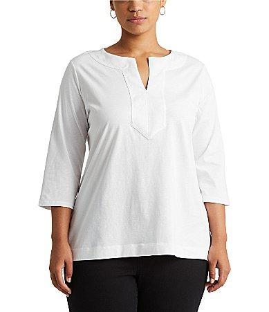 Lauren Ralph Lauren Plus Size Split Round Neck 34 Sleeve Woven Trim Knit Top Product Image