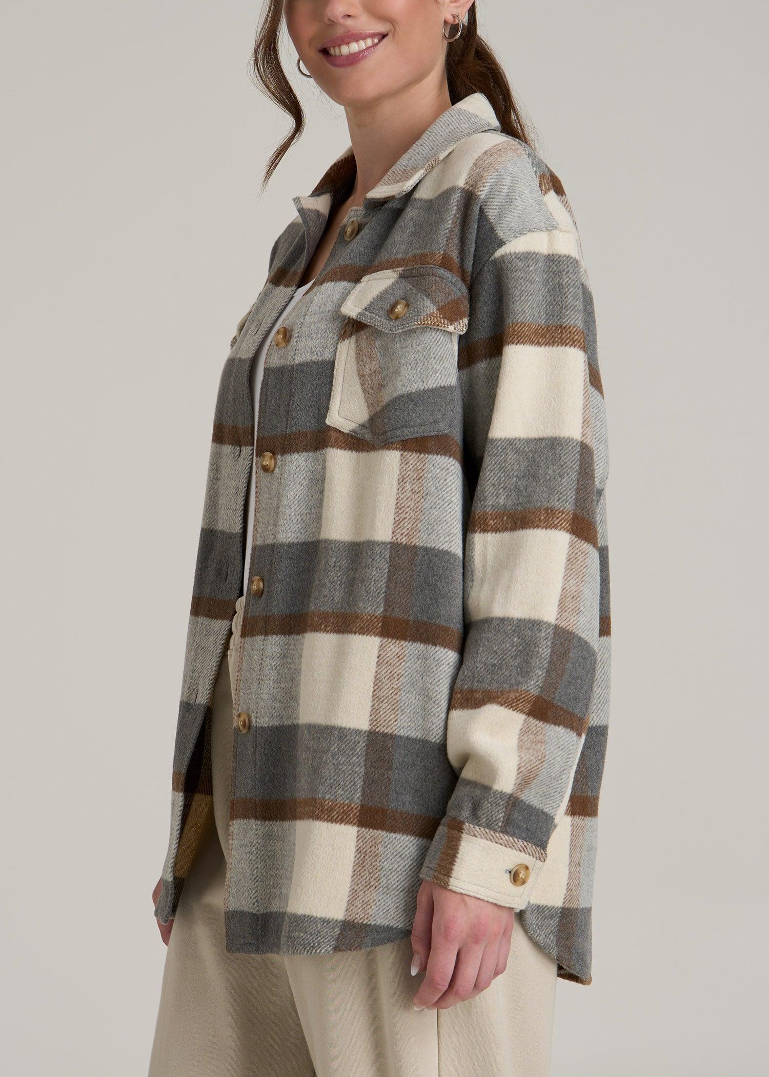 Flannel Women's Tall Shacket in Grey and Cream Plaid Female Product Image